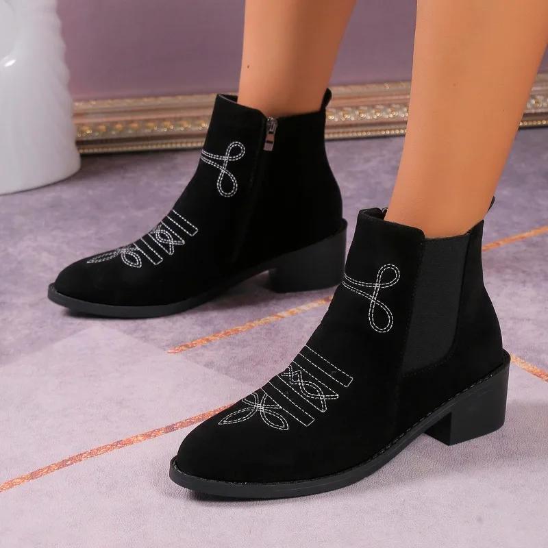 

Ladies Shoes 2024 Brand Basic Women s Boots Side Zip Ankle Boots Women Embroidery Pointed Toe Chunky Heel Med Heel Shoes Women