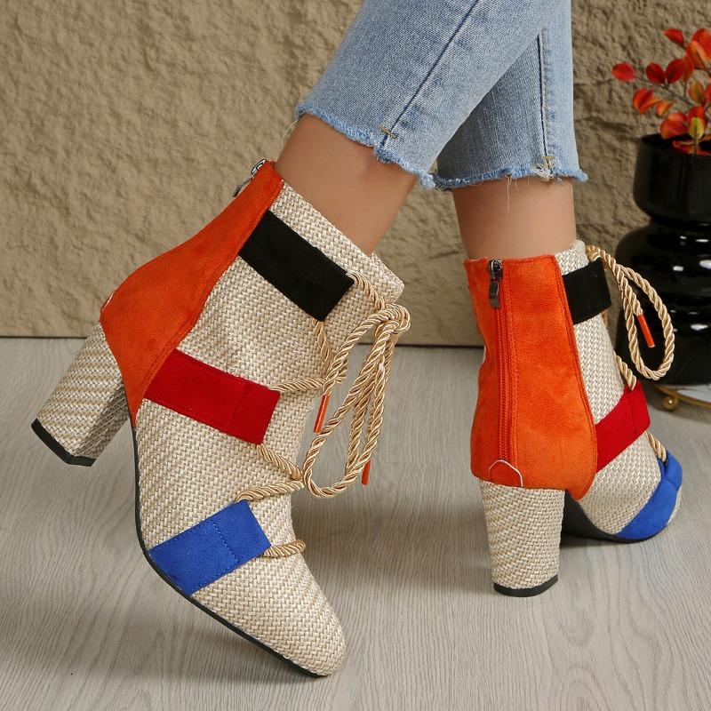 2025 New Ladies Shoes Front Lace-up Women's Boots Fashion Color Matching Dress Boots Women Autumn Plus Size Heeled Ankle Boots