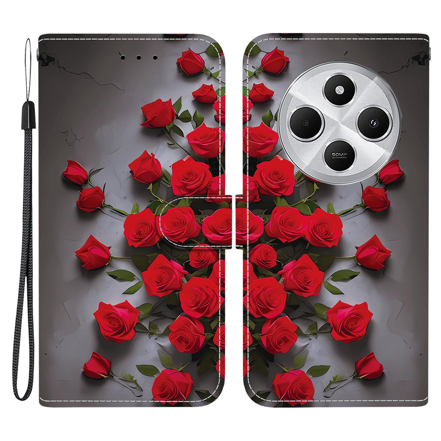 

For Xiaomi Redmi 14C 4G Leather Case Stand Wallet Pattern Printing Phone Cover with Wrist Strap Red Rose