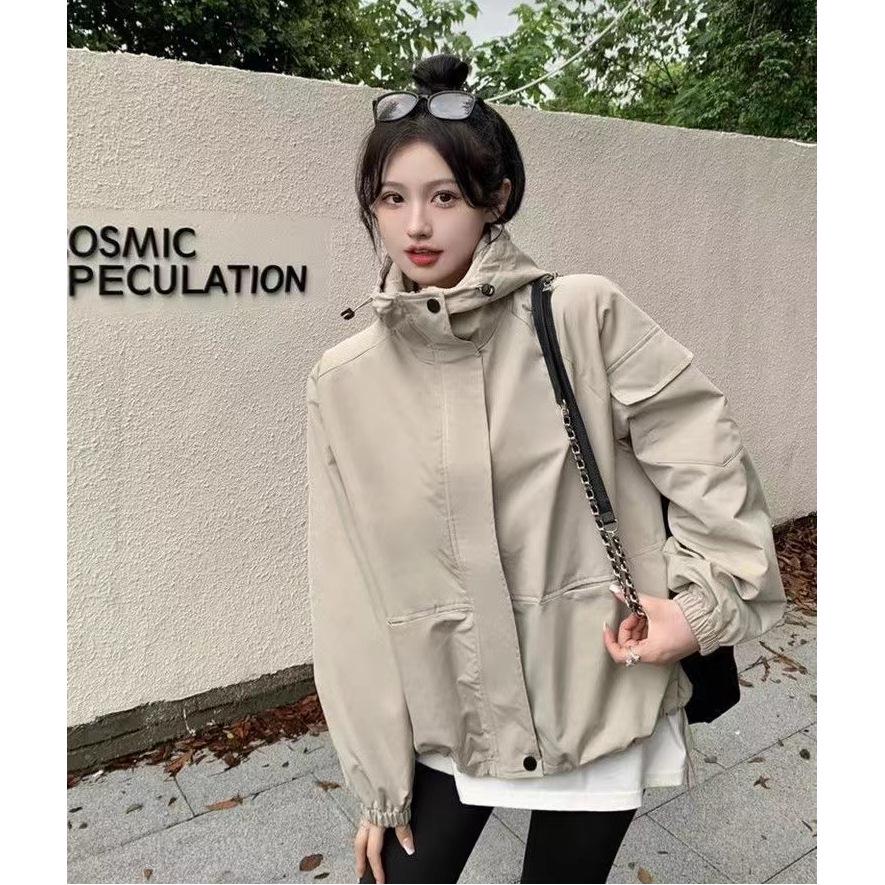 Women's Korean-Style Hooded Windbreaker: Spring/Autumn 2025, Loose Fit, Drawstring, Long Sleeve.