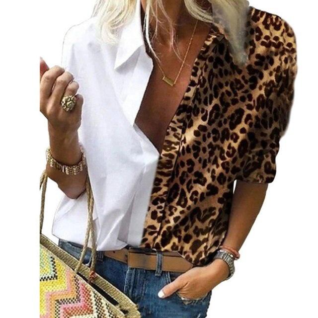 Casual Long Sleeve Leopard Print Patchwork Loose Blouses and Shirts Elegant Office Lady Chiffon Blouse Oversized Top