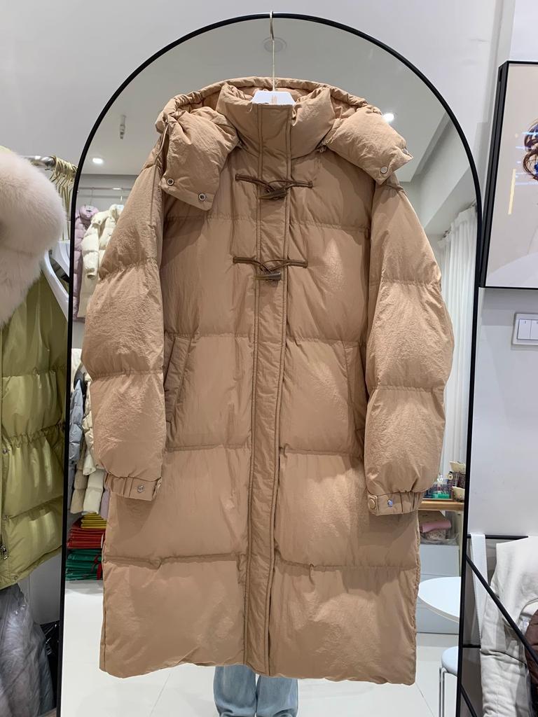 2024 Long Hooded Over Knee Down Jacket Women's Loose Skinny Sweet Fashion College Wind Corner Button Winter Jacket