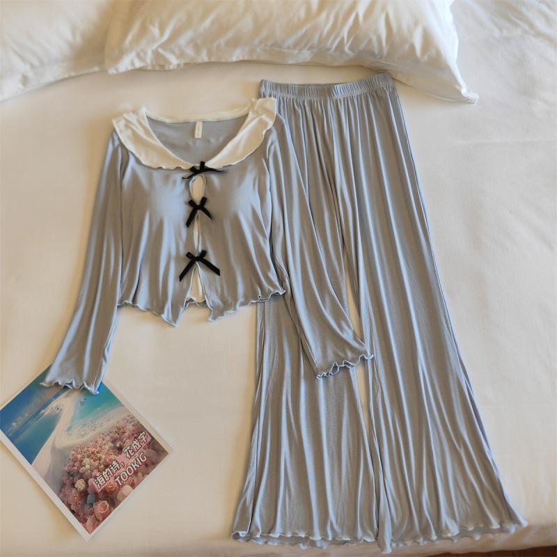Women's Long Sleeve Pajama Set with Chest Pads - Bowknot Design, Korean Style, Suitable for Spring To Winter.