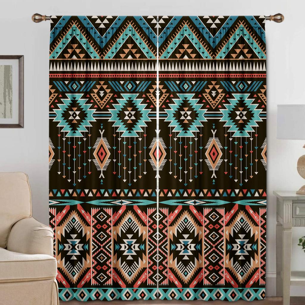 2 Stück Heimdekorationsvorhänge mit farbenfrohen geometrischen Mustern und Stangentaschen, Küche, Café, Wohnzimmer, Balkon, Garten