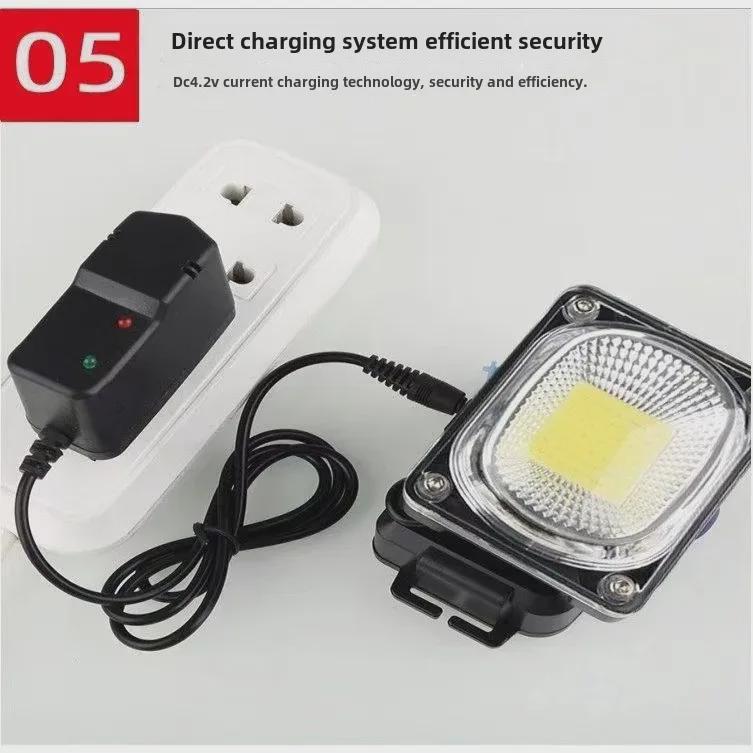 Rechargeable LED Headlamp with 18650 Battery, COB Floodlight, and Red/Green Warning Flash.