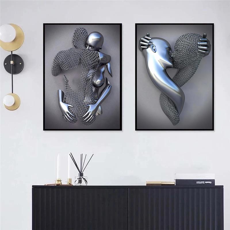3D Love Heart Grey Metal Figure Statue Posters and Prints Modern Canvas Painting Wall Art Pictures for Living Room Home Decor