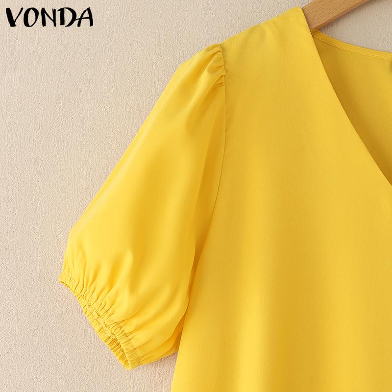 VONDA Women V Neck Puff Sleeve Solid Color Casual Ruffled Pleated Dress