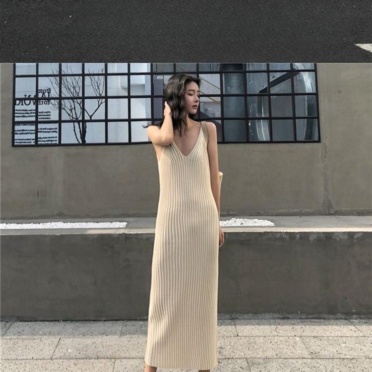 Stylish and Chic Summer Dress - Knitted Slim  Fit Spaghetti Strap Dress for Women