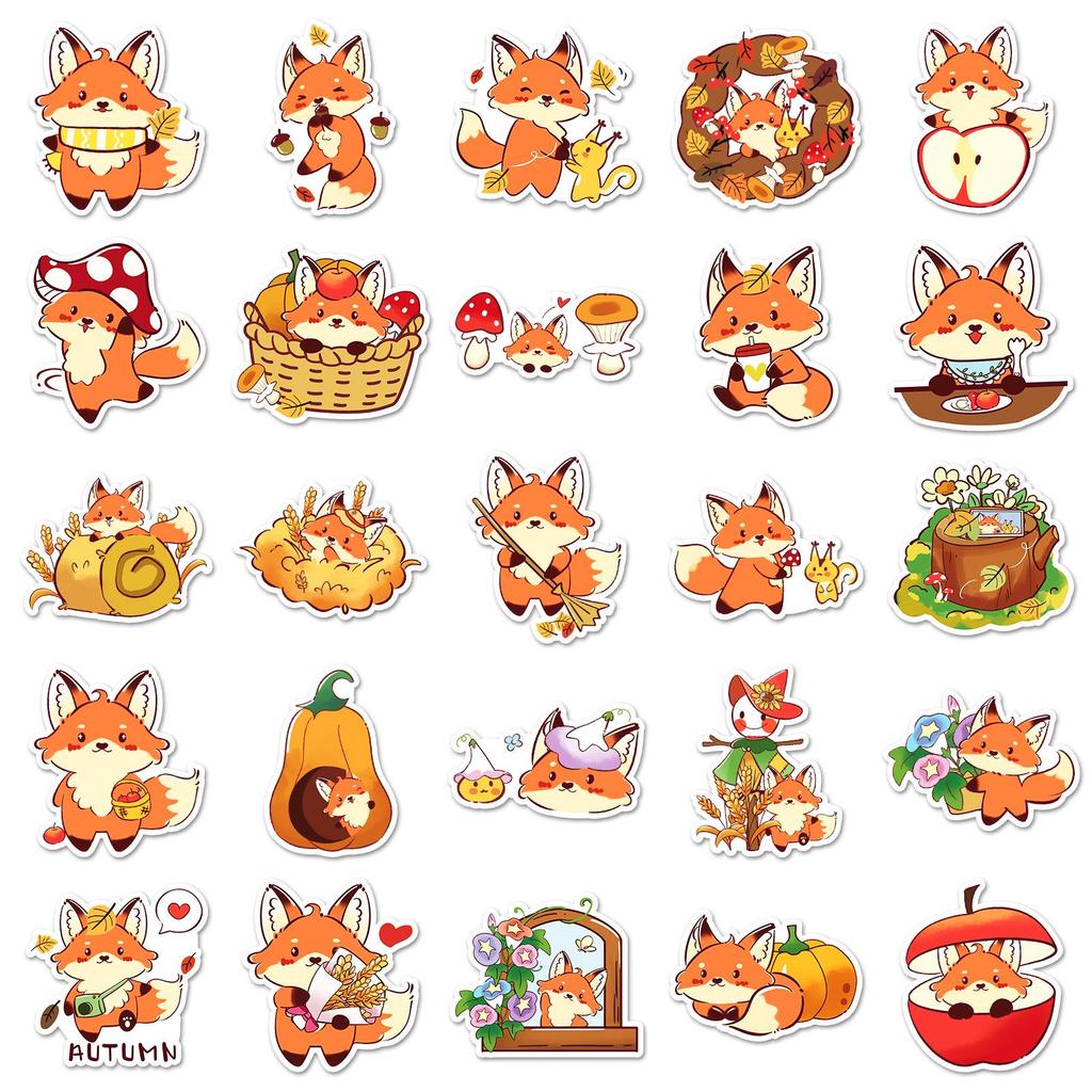 50 Cute Autumn Fox Stickers - Waterproof Cartoon Decorations for Journals & Crafts