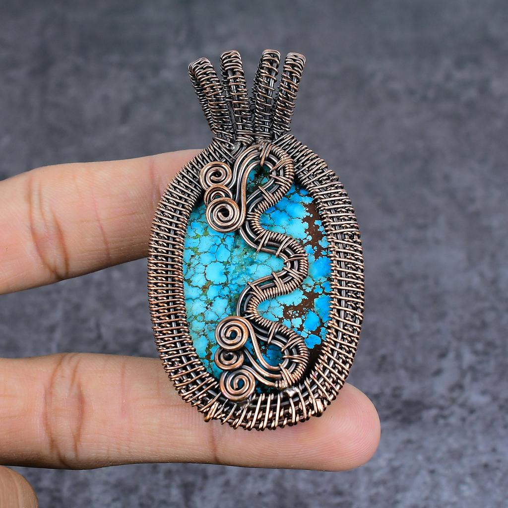 Natural Tibetan Turquoise Gemstone Copper Wire Wrap Jewelry Pendant 2.84" K8r66