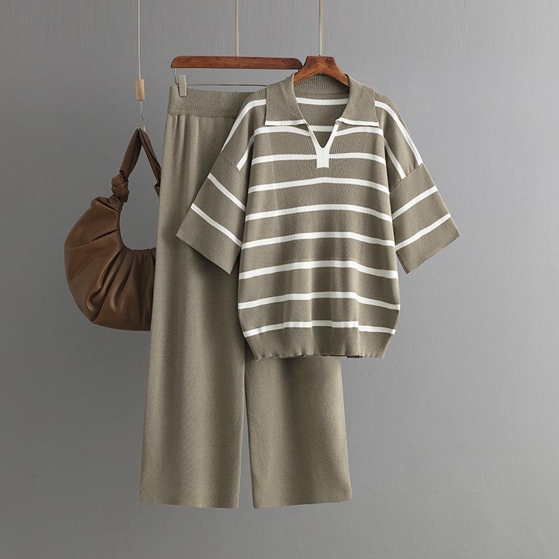 Contrasting Stripes Fashion Suit Summer New Casual Loose Knitted Wide-leg Pants Two-piece Set