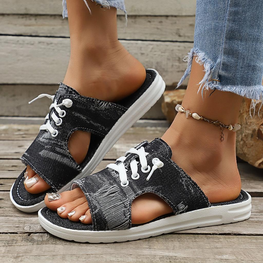 Summer New Large-sized Denim Fabric Lace-up Slip-on Sandals for Women - Round Toe Flat Casual Sandals