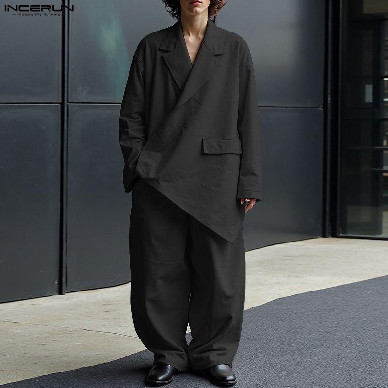INCERUN Two Pieces Outfits Men Long Sleeve Side Cross Shirt and Long Harem Pants Sets