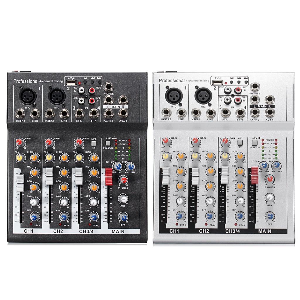 4-Kanal-Mischpult Mini Professionell Live-Studio Audio Mixer USB-Mischkonsole DJ Bühne KTV 48V schwarz/silber