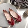 Red single shoes women's spring 2025 new late evening breeze gentle shoes square head beanie shoes flat one pedal ladyshoes
