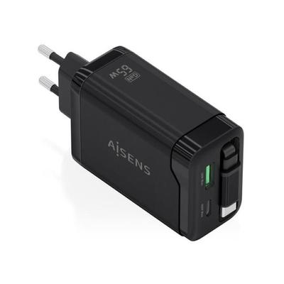 GaN-Wandladegerät Aisens ASCH-65W3P071-BK- 1xUSB Typ-C- 1xUSB- 65W- Schwarz