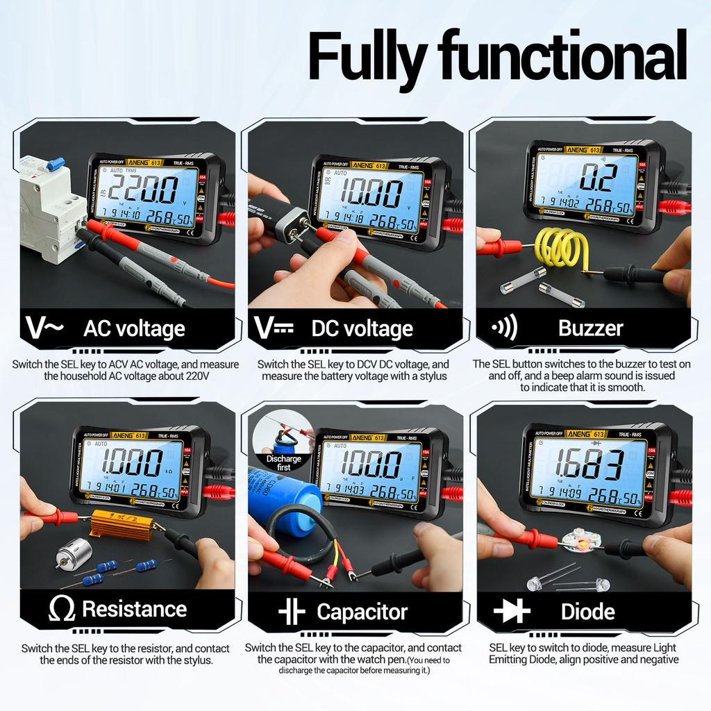 ANENG 613 3 In 1 Smart Multimeter Perpetual Calendar Temperature Hygrometer 4000 Counts Digital