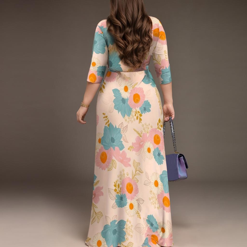 Dame Casual 3/4 Erme Sommerkjoler Vår V-hals Boho Blomstret Volang Cocktailparty Kjole