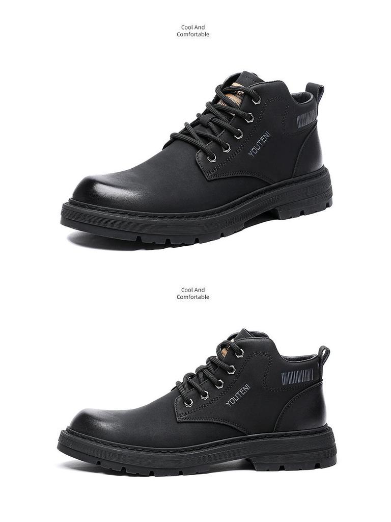 Men's High-Top Leather Martin Boots, 2024 Autumn/Winter, Plus Velvet, Warm Mid-Top Work Boots