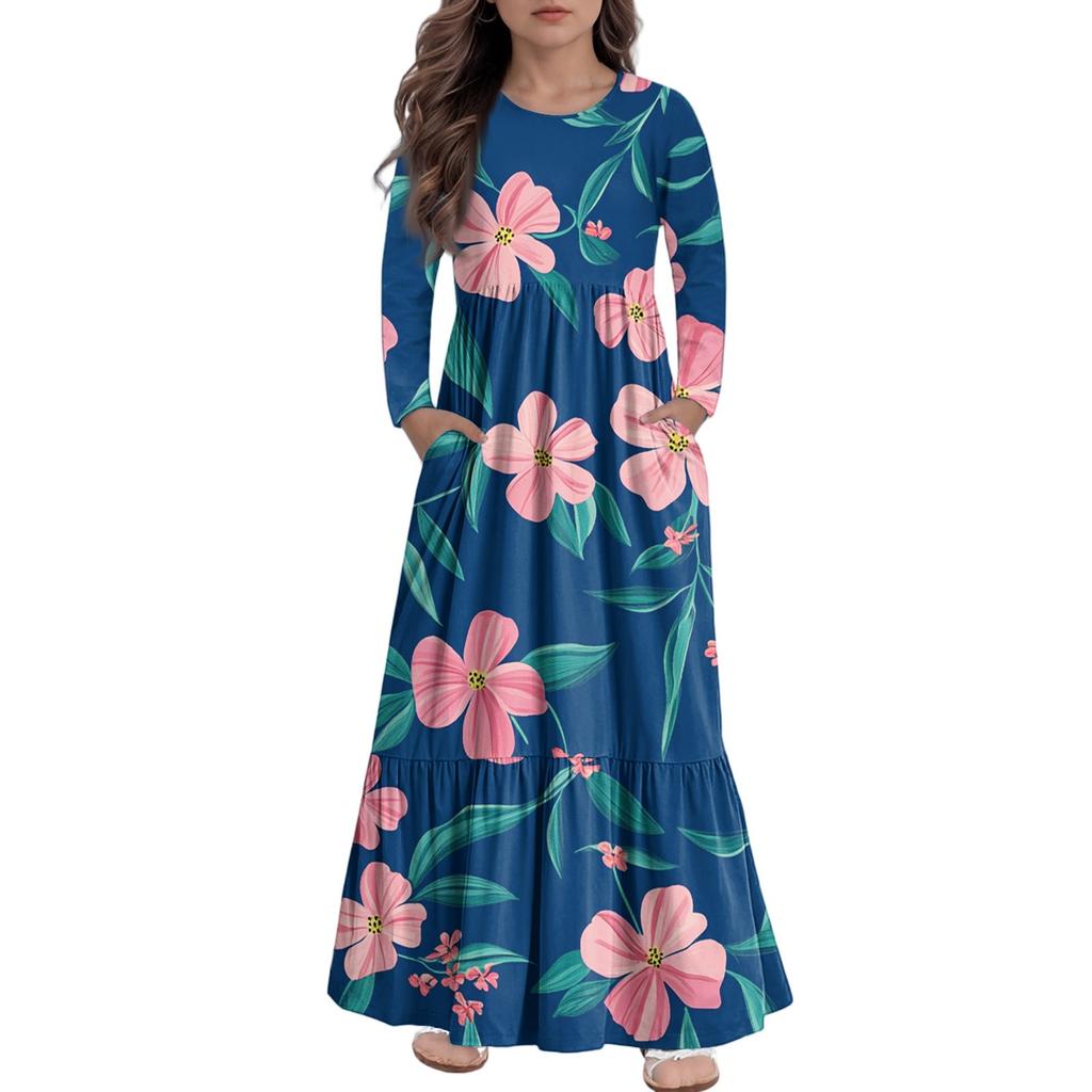 Rochie Maxi de Fete Rochii Casual de Vacanță - Rochie cu Mâneci Lungi cu Buzunare Pentru 4-14A