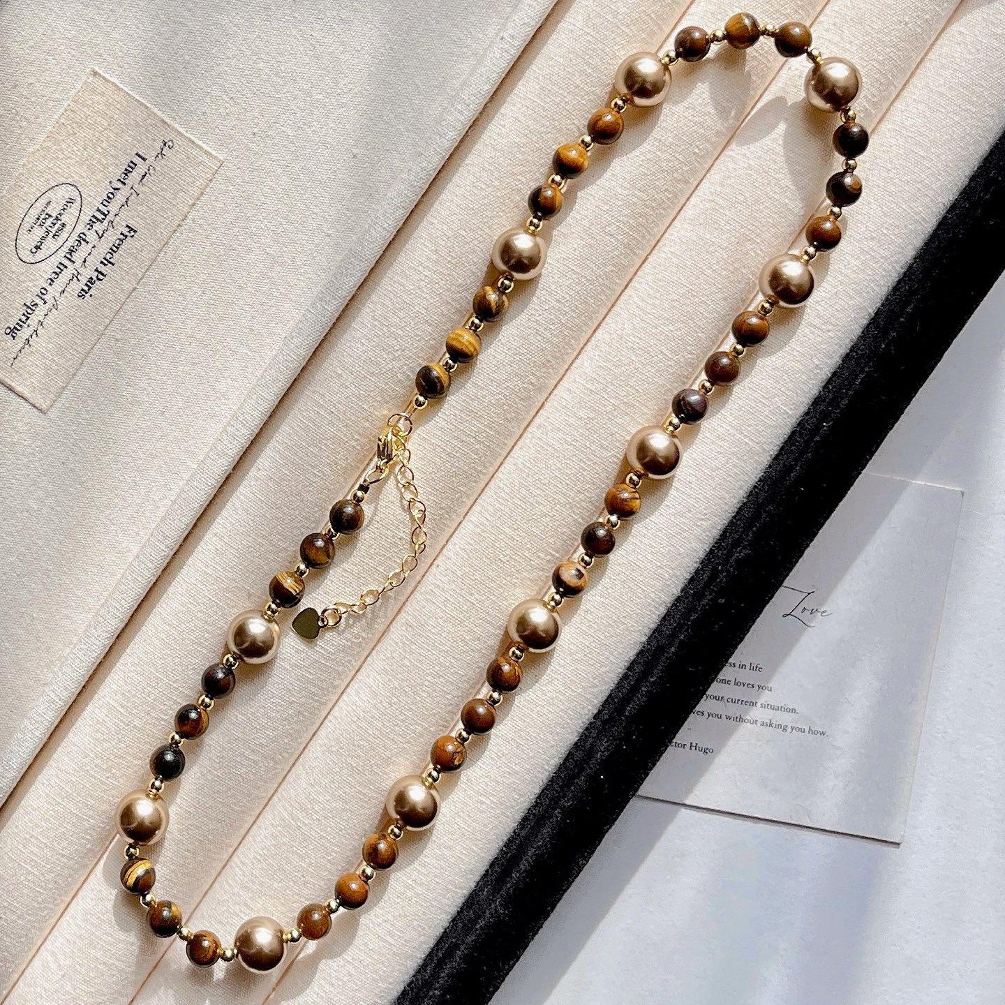 Maillard Boutique Natural Tiger S Eye Stone Mocha Brown Pearl Design Sweater Chain Necklace Collarbone Chain