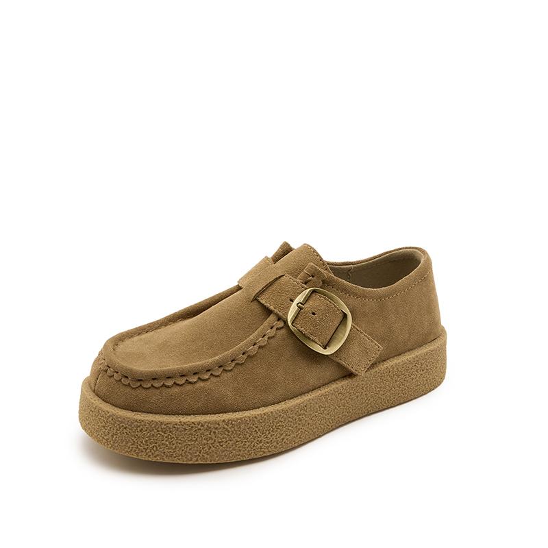Fashion Women Loafer Shoes Genuine Leather 2025 Autumn New Suede Platform Kangaroo Shoes Women Wedges Belt Buckle Slip-on Shoes Women