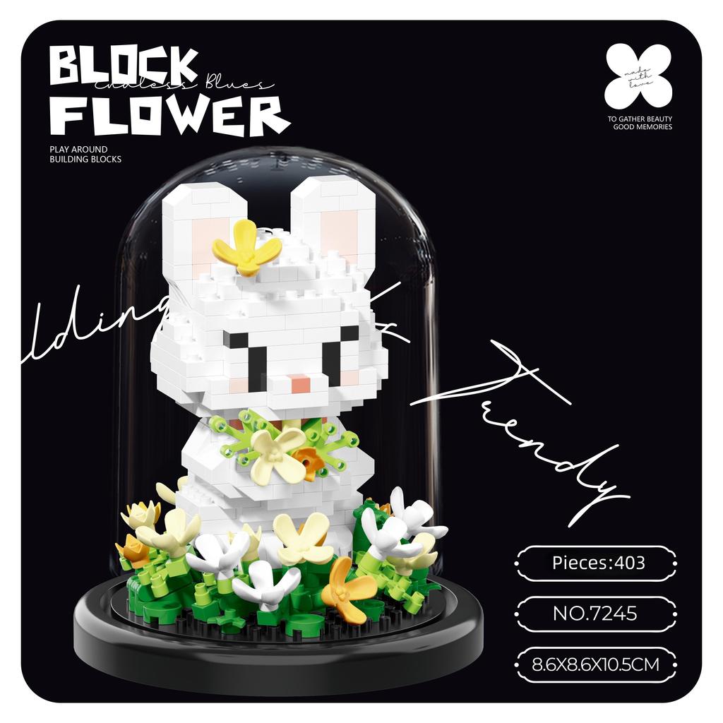 Flower Bouquet Building Blocks Animal Set Dust Cover Bonsai Cute Animal Bear Bunny Dog Model Kids Romantic Gift for Girls