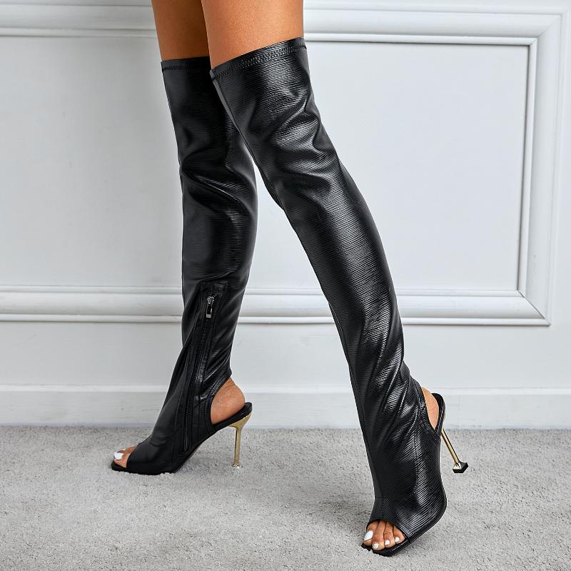Maogu Sexy Open Toe Stripper Heels White Booties Fashion Motorcycle Shoes Women Pumps Leather Thigh High Over The Knee Boots 42