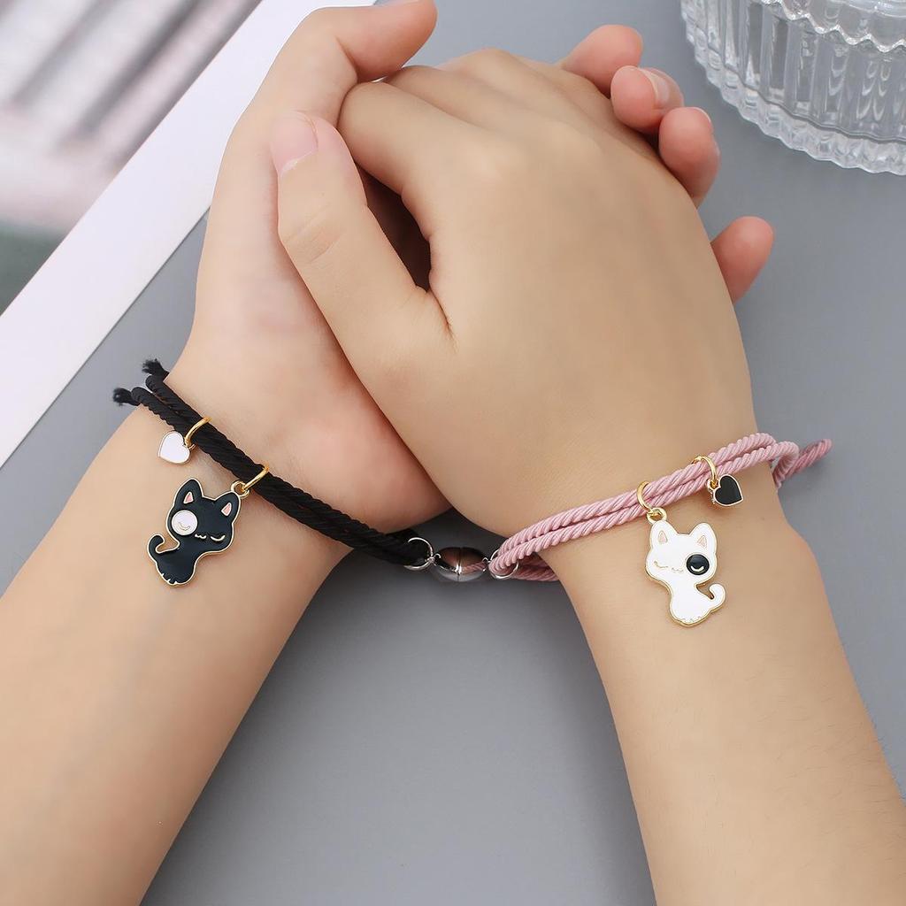 Magnet Iubire Pisică Albă și Neagră Desen Animat, Brățară de Cuplu și Elastic de Păr, Bijuterii Unisex cu Dublă Funcție