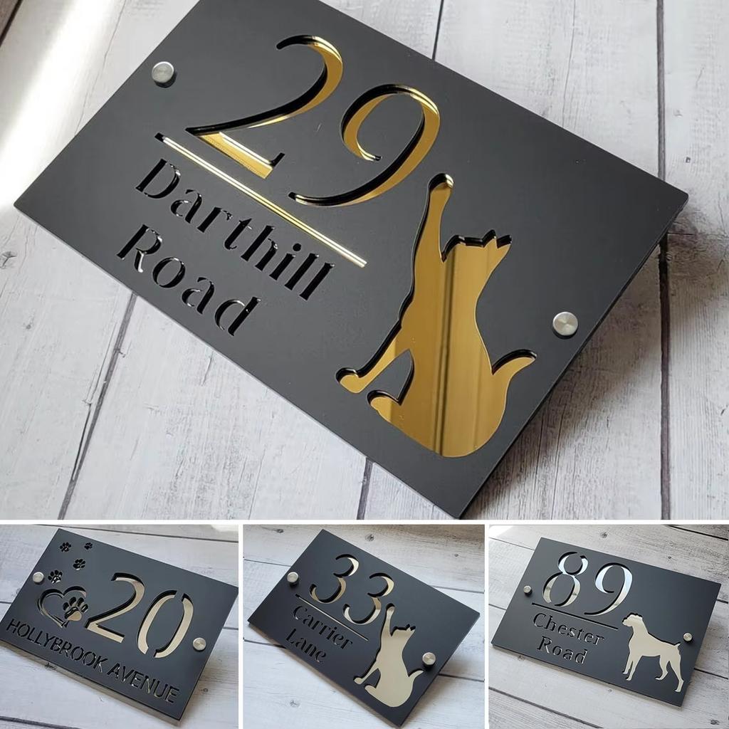 Personalised Wall Address House Number Acrylic Pet Plaques Outdoor Family Name Address Cat/Dog Door Sign White/Black