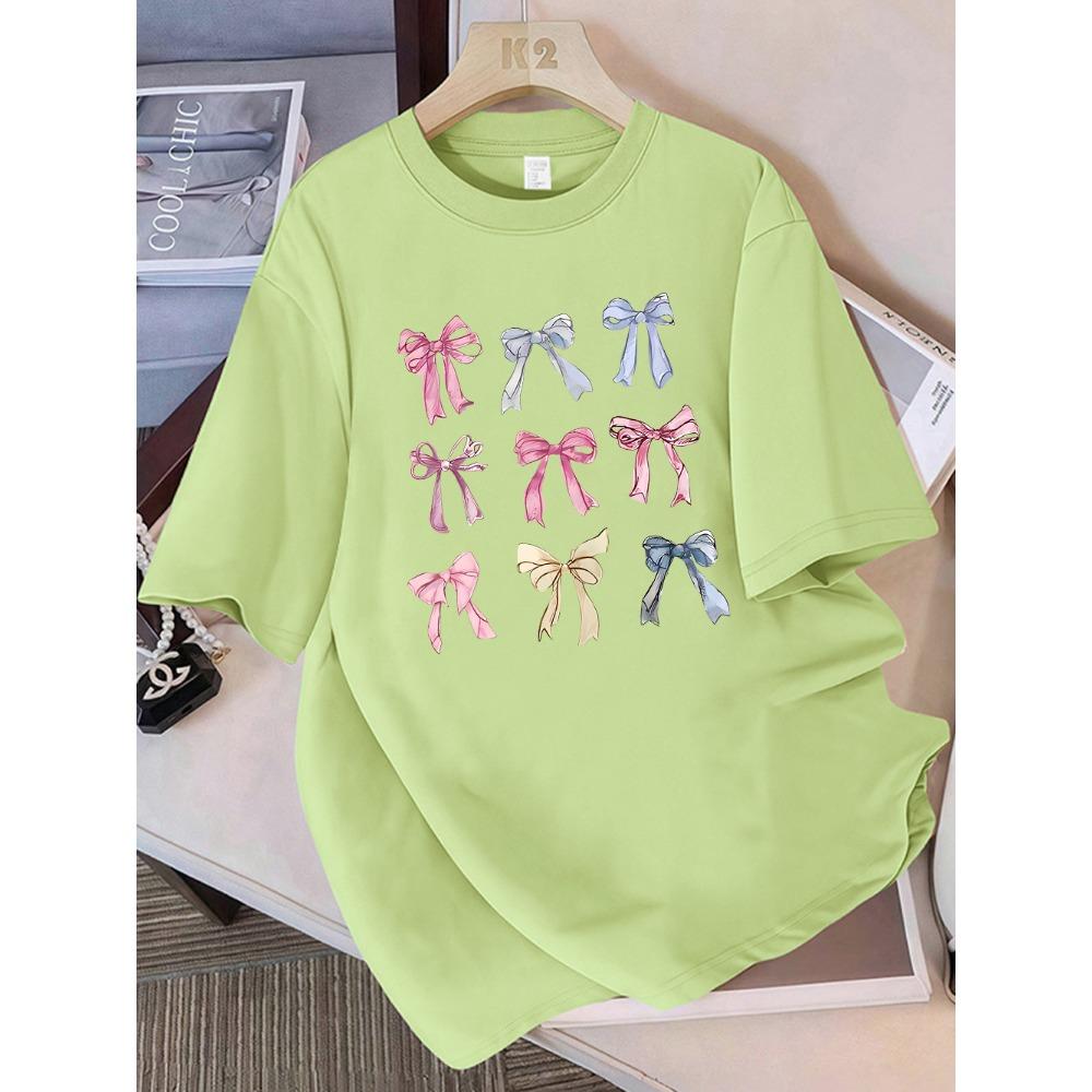 Summer T-shirt Women's Colorful Bow Printed Short Sleeve Comfortable Soft Round Neck Top Holiday Casual Women's Clothing