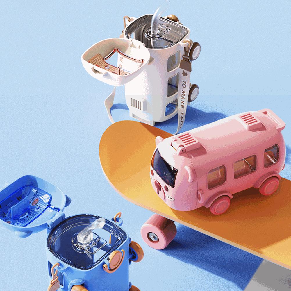 Kids' Bus Water Bottle 16oz Car Water Cup With Straw And Strap, Leak-Proof,Detachable Bus Water Jug Toy For School Sports Travel