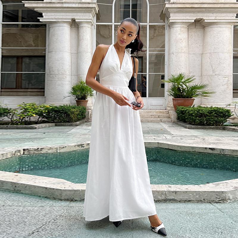 Bílé bavlněné halter šaty s výstřihem do V, sexy odhalená záda, dámské šněrovací A-line šaty, top v pase, velká sukně, módní plážové šaty na dovolenou, léto nové