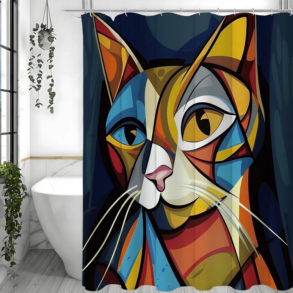 Abstract Art Cat Shower Curtain, Bathroom Decorative Shower Curtain, Waterproof Shower Curtain with Hooks
