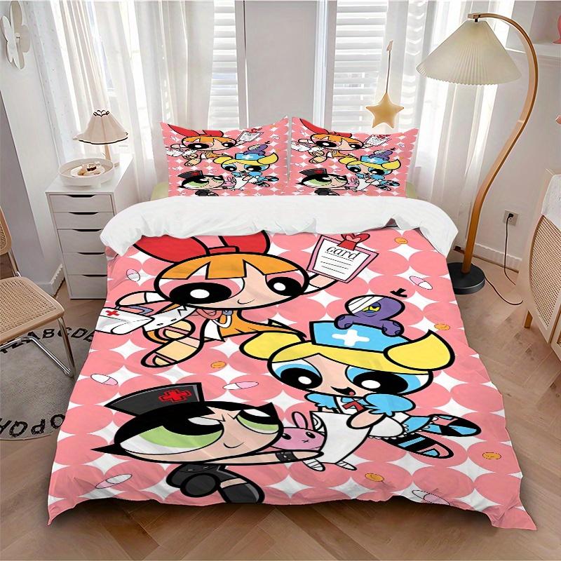 3pcs Powerpuff Girls Printed Quilt Set - Includes 1 Quilt Cover and 2 Pillowcases, Machine Washable - Suitable for All Seasons.F068