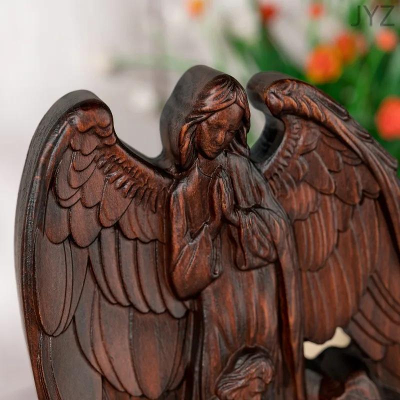 Wooden Holy Family with Guardian Angel Statue Ornament Catholic Religious Statue Home Decor