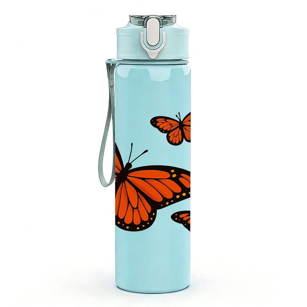 1PC Trio Orange Butterflies 750ml Color Plastic Sports Water Bottle Leakproof Flip Straw Lid Suitable for Sports Office Home Use