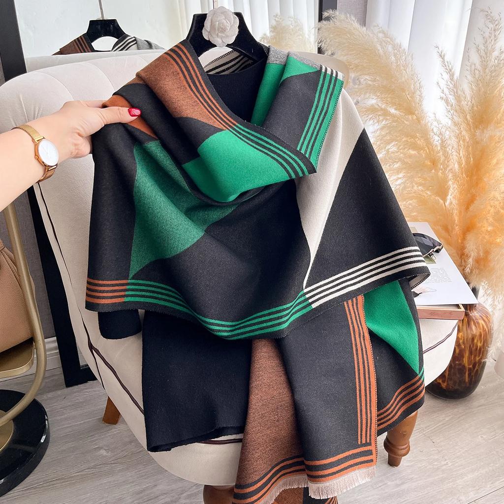 Winter Blanket Scarf Shawl For Women Warm Pashmina Geometric Color Blocks Print Wrap Imitation Cashmere Foulard Scraves