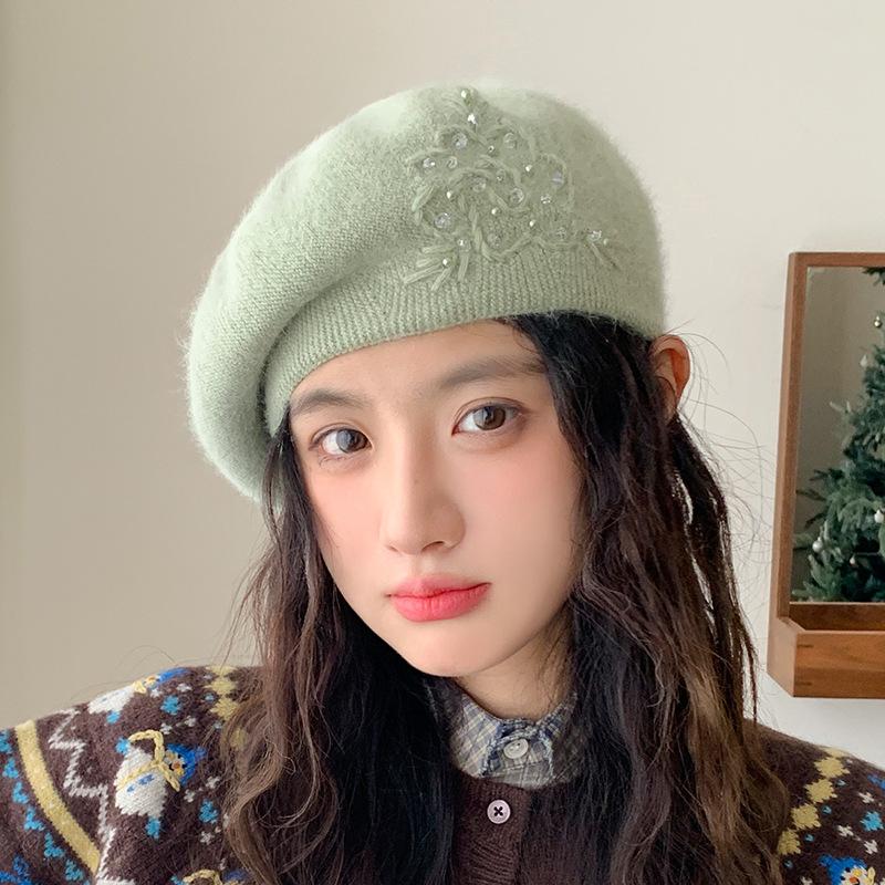 Rabbit Down Pearl Knitted Beret Female Autumn and Winter Painter Hat Warm Wool Hat Winter Hats for Women, Beanies for Women, Hats for Women Winter