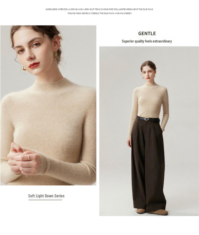 Pure Cashmere Ribbed Half-High Collar Knit Top