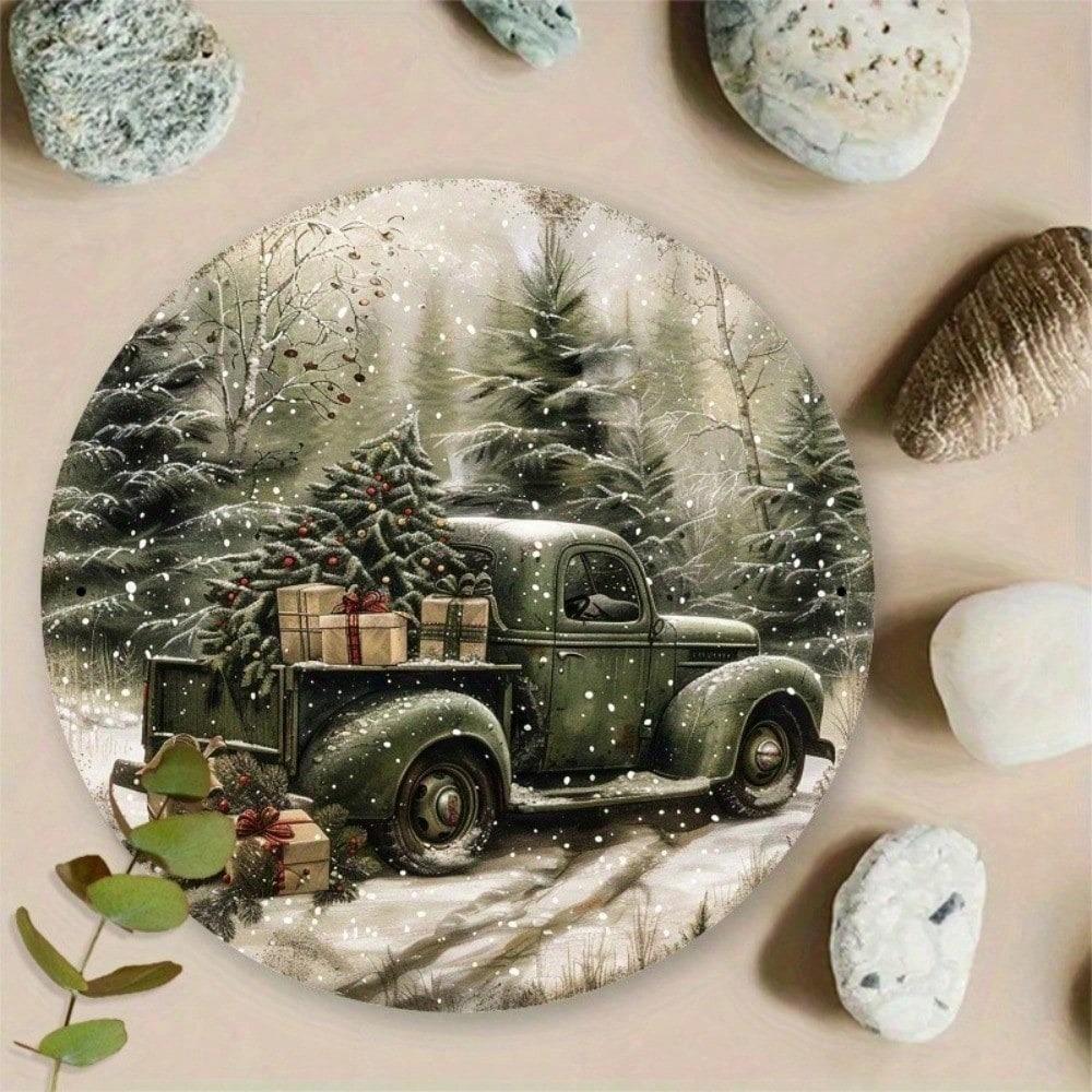 Vintage Metal Tin Sign Green Truck Christmas 8x8 Inch Rustic Wall Decor Farmhouse Retro Art Holiday Gift