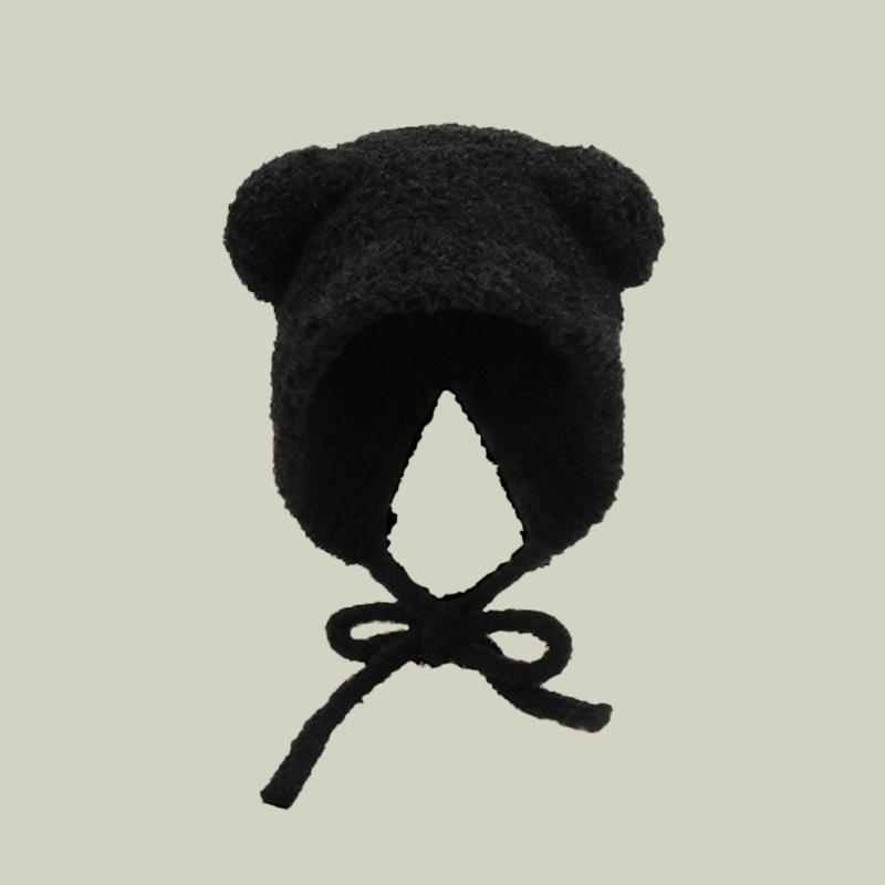 Bear cute bag head hat women's autumn and winter versatile new warm ear protectors big head circumference wool knitted hat