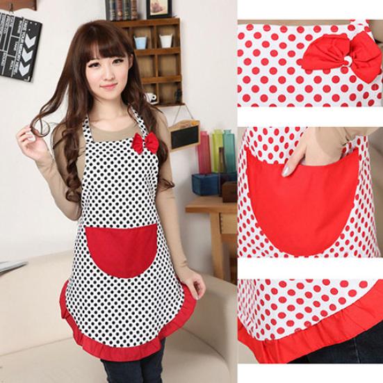 Women Cute BowKnot Dot Aprons Kitchen Restaurant Cafe Bib Cooking With Pocket