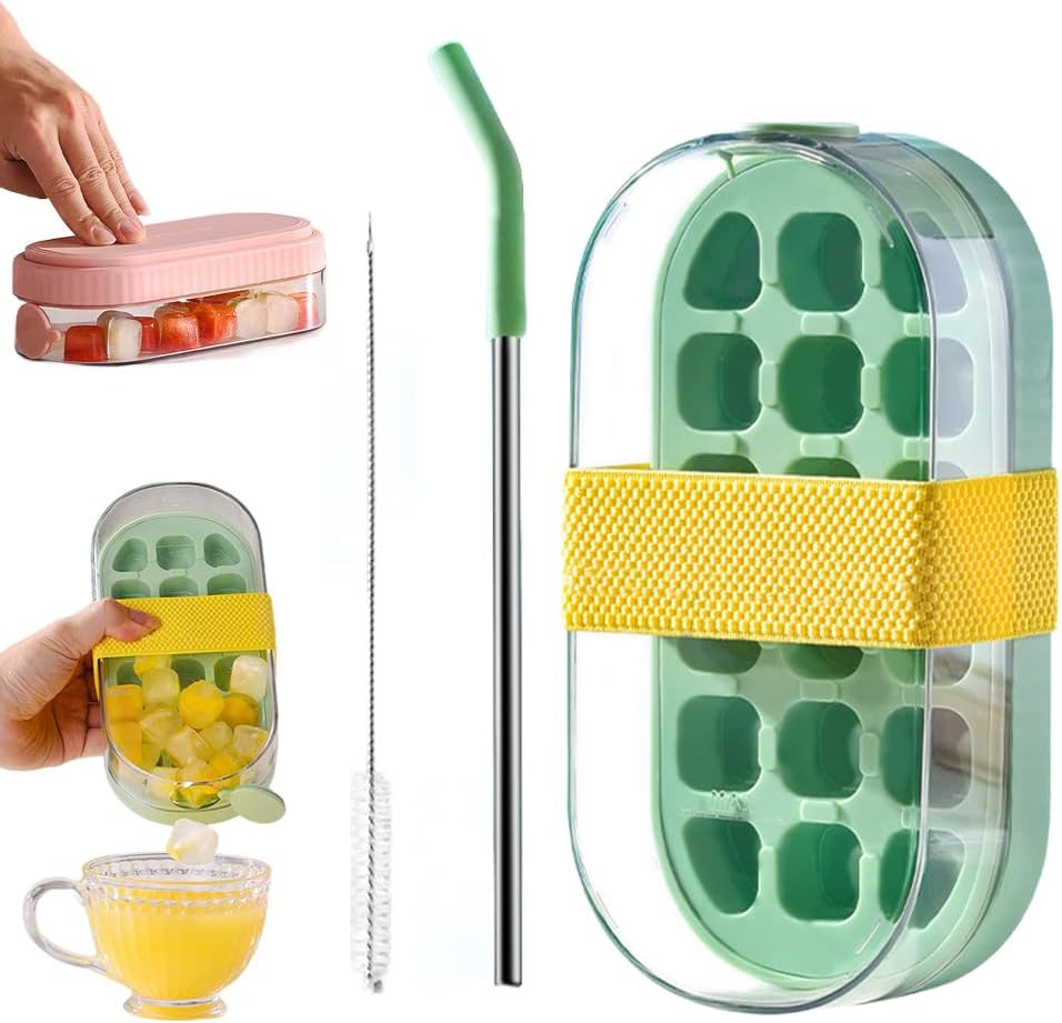 Ice Cube Molds & Trays, 2026 New 2-in-1 Ice Cube Bottle with Straw, Easy Press Ice Tray Water Bottle, Leak Proof Lid, Vertical Ice Maker