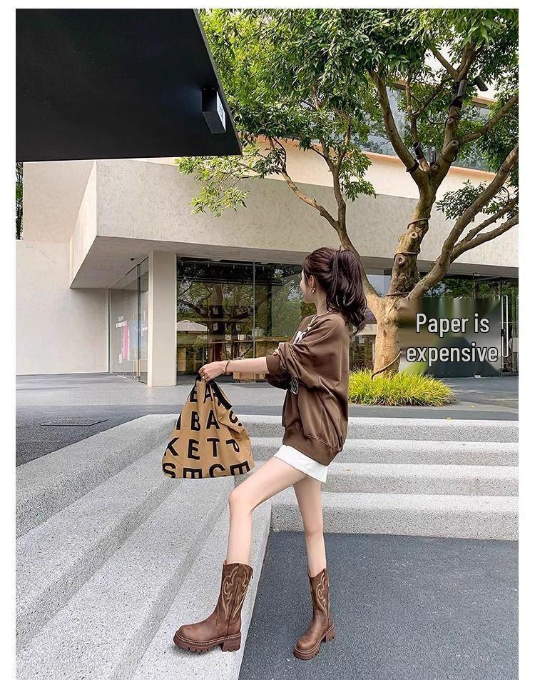 Retro Soft Leather Thick Sole Western Cowboy Mid-Calf Boots for Women, Autumn/Winter Martin Style