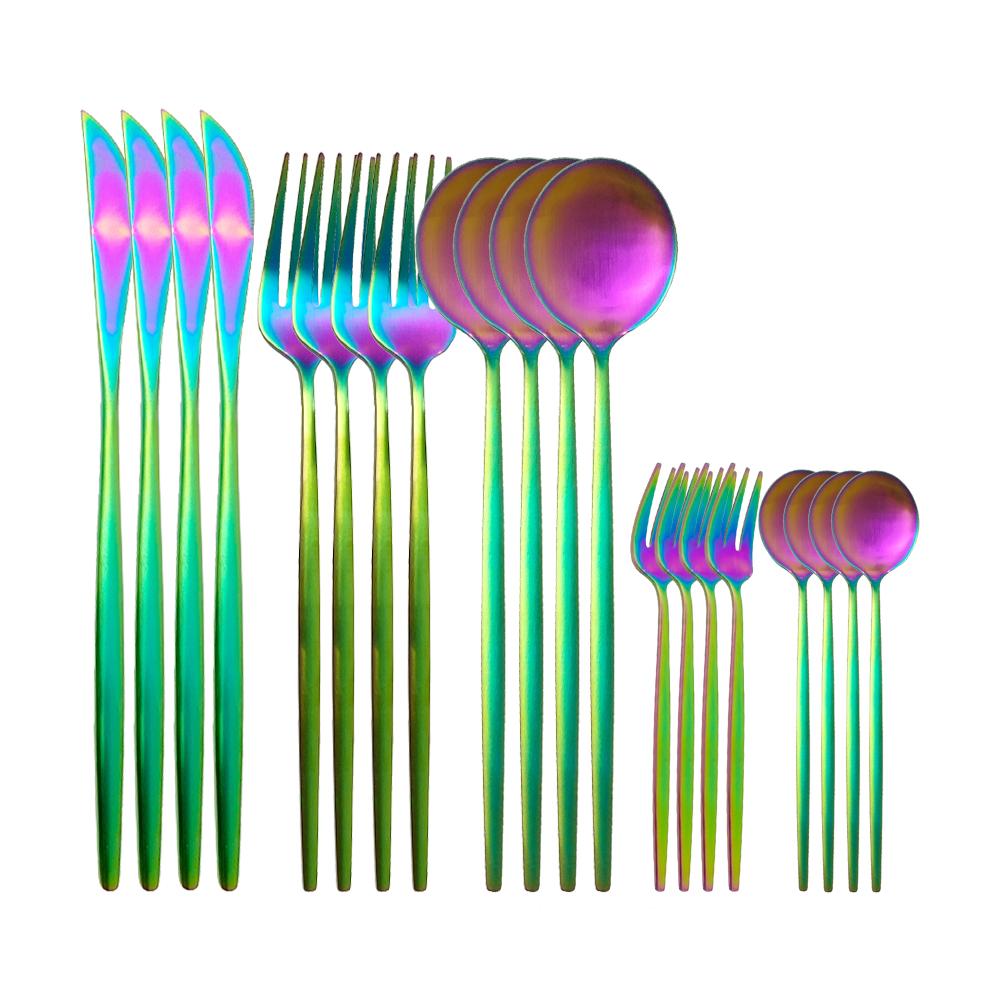 Set di posate multicolore da 20 pezzi, set di stoviglie, coltello da cena, forchetta da torta, argenteria arcobaleno in acciaio inossidabile 304, set per la tavola della casa