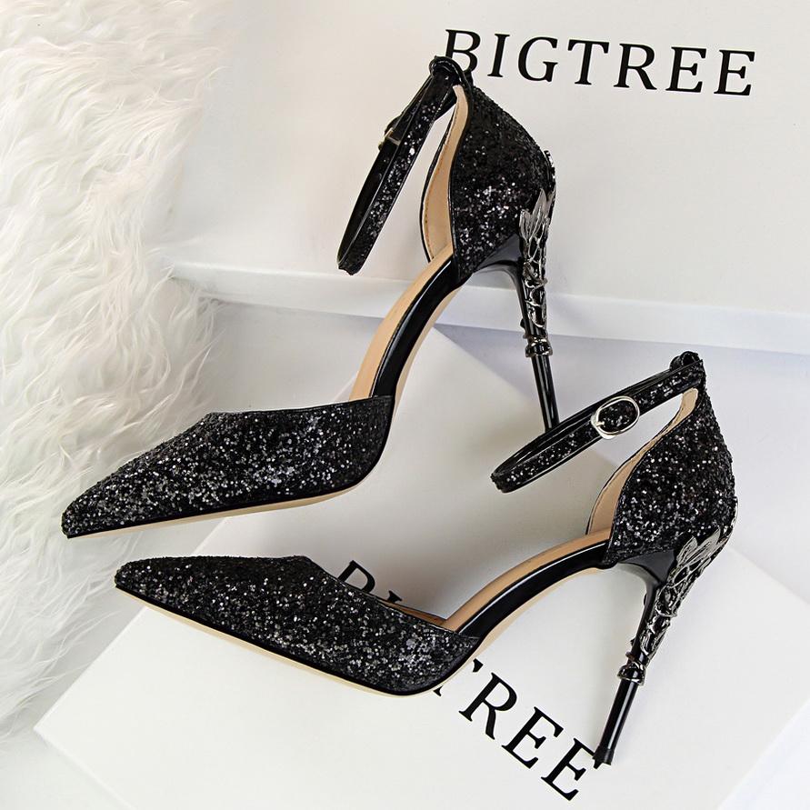 Bigtree European and American Fashion Sexy Hollow Out Nightclub Show Metal Heel  9.5cm High Heel Sparkle Sequins with Sandals