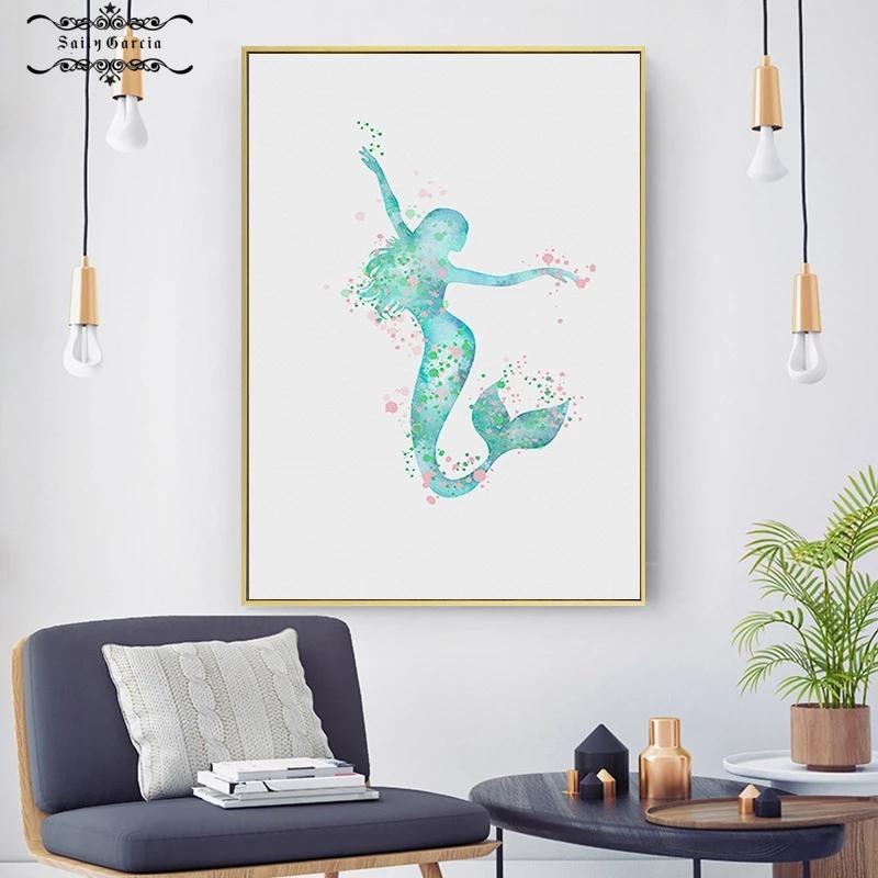 Nordic Abstract Blue Mermaid Wall Art Canvas Painting Modern Minimalist Posters and Prints Picture for Living Room Home Decor