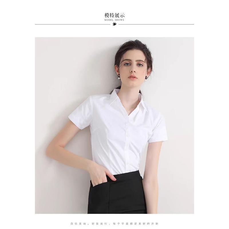 Women's Mandarin Collar Cotton Blouse Casual Slim Fit Long Short Sleeved White Shirt for Office Wear