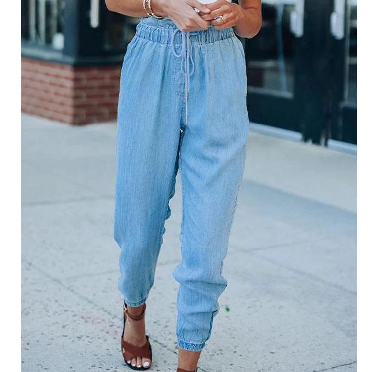 

Женские модные брюки с оборками на талии, эластичные брюки-джоггеры, повседневные свободные брюки S светло-синий